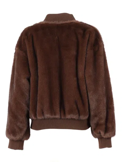 P.a.r.o.s.h . Faux Fur Bomber Jacket With Textured Appearance And Ribbed Details In Brown