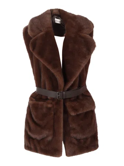 P.a.r.o.s.h Parosh Sleeveless Faux Fur Vest With Matching Belt And Flap Pockets In Brown