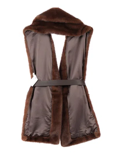 P.a.r.o.s.h Parosh Sleeveless Faux Fur Vest With Matching Belt And Flap Pockets In Brown