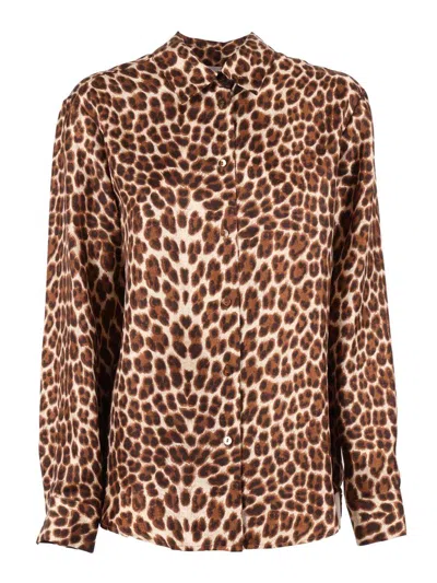 P.a.r.o.s.h . Leopard Print Silk Shirt With Pointed Collar And Overfit Silhouette In Brown