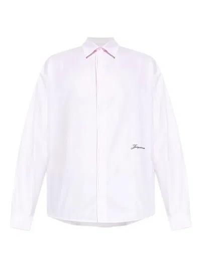 Jacquemus Men Shirt With Embroidered Logo And Herringbone Pattern In Multi
