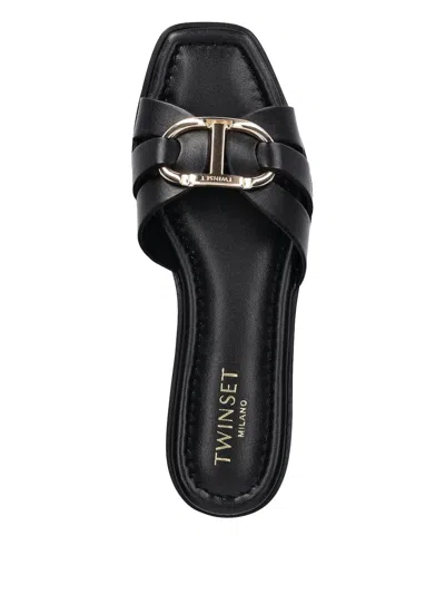 Twinset Woman Sandals Black Size 8 Cow Leather In Black