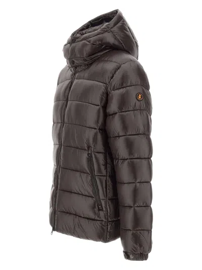 Save The Duck Shiny Brown Quilted Puffer Jacket With Fixed Hood In Brown