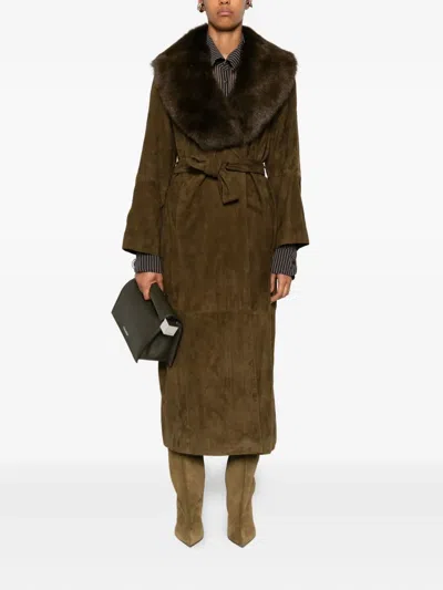 Nour Hammour Briona Convertible Shearling-trimmed Suede Trench Coat In Green