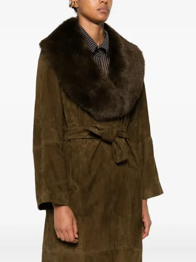 Nour Hammour Briona Convertible Shearling-trimmed Suede Trench Coat In Green