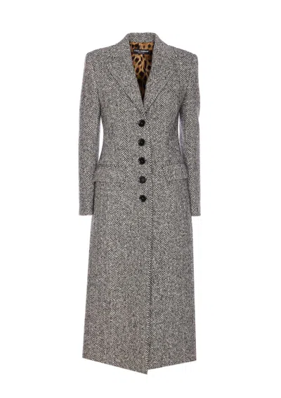 Dolce & Gabbana Single-breasted Wool Chevron Coat In Gray