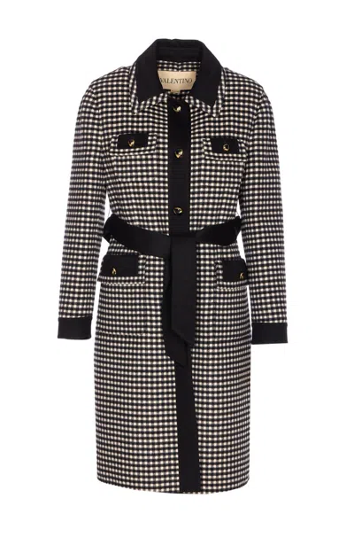 Valentino Womens Avorio Nero Gingham-pattern Wool And Cashmere-blend Coat In Gray