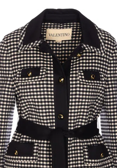 Valentino Womens Avorio Nero Gingham-pattern Wool And Cashmere-blend Coat In Gray