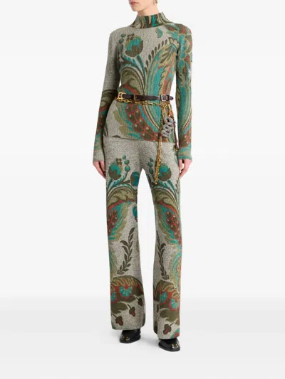 Etro , Ribbed Wool Trousers With Daffodil Print, Woman, Grey, Size 48 In Gray