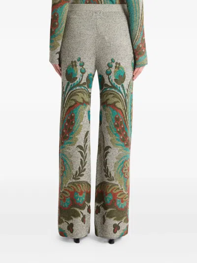 Etro , Ribbed Wool Trousers With Daffodil Print, Woman, Grey, Size 48 In Gray