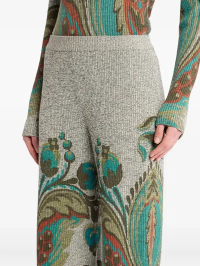 Etro , Ribbed Wool Trousers With Daffodil Print, Woman, Grey, Size 48 In Gray
