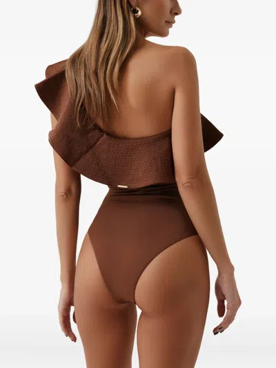 Sofia Erhan Ruffle-neck Swimsuit In Brown