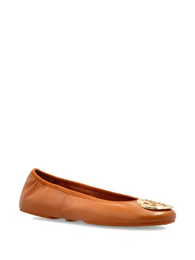 Tory Burch Minnie Leather Logo Travel Ballerina Flats In Brown