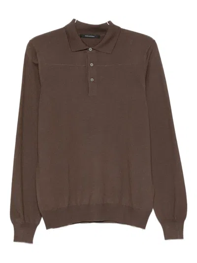 Tagliatore Long Sleeve Wool Polo Sweater With Collar In Brown