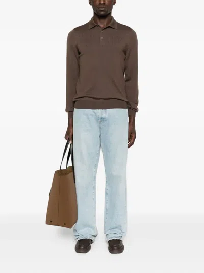 Tagliatore Long Sleeve Wool Polo Sweater With Collar In Brown