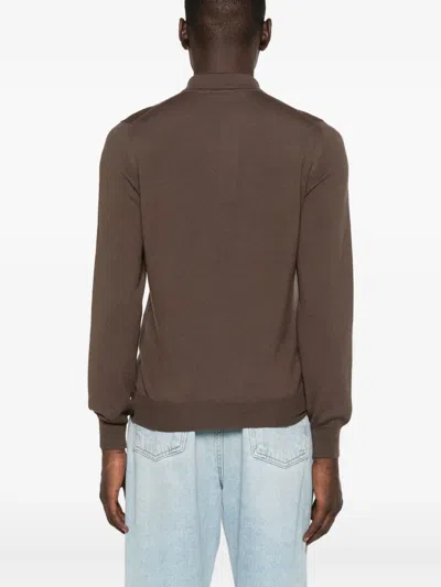Tagliatore Long Sleeve Wool Polo Sweater With Collar In Brown