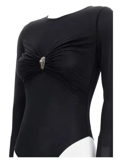 Elisabetta Franchi Black Crewneck Bodysuit With Knot Detail On The Front And Jewel Embellishment In Viscose Stretch Wom In Black