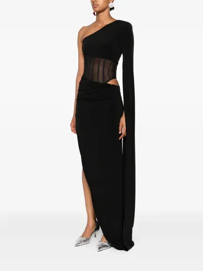 Nissa One-shoulder Sheer-insert Maxi Dress In Black