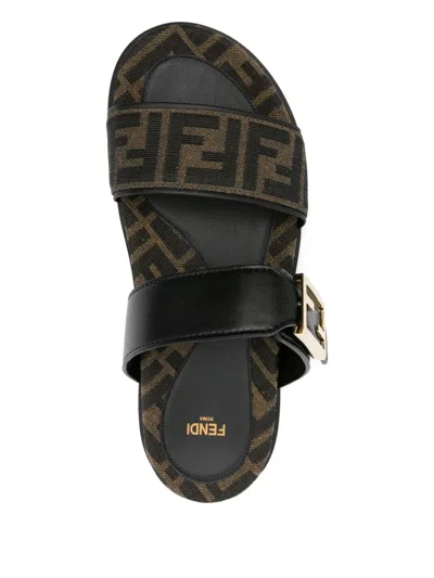 Fendi Leather Sandals With Double Strap And Buckle In Black