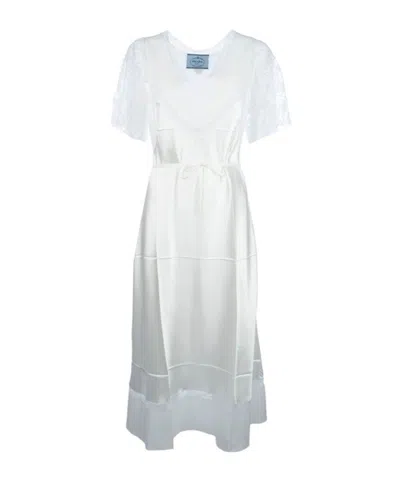 Prada Satin Lace Sleeve Midi Dress In White