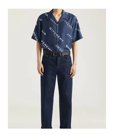 Givenchy Convertible-collar Logo-print Silk-twill Shirt In Blue