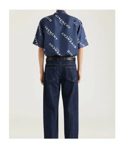 Givenchy Convertible-collar Logo-print Silk-twill Shirt In Blue
