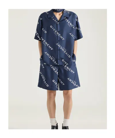 Givenchy Convertible-collar Logo-print Silk-twill Shirt In Blue