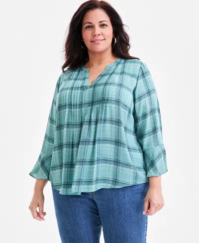 Style & Co Plus Size Printed Pintucked Top, Macy's Exclusive In Blue