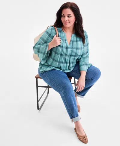 Style & Co Plus Size Printed Pintucked Top, Macy's Exclusive In Blue