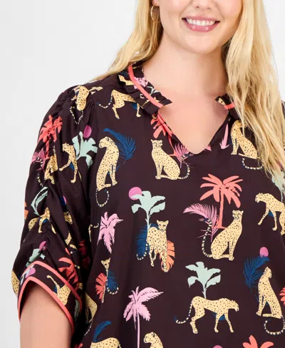 Democracy Trendy Plus Printed Split-neck Flutter-sleeve Top In Multi