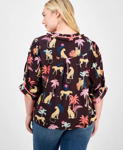 Democracy Trendy Plus Printed Split-neck Flutter-sleeve Top In Multi