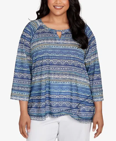 Hearts Of Palm Plus Size Printed Tulip Hem Slub Top In Multi