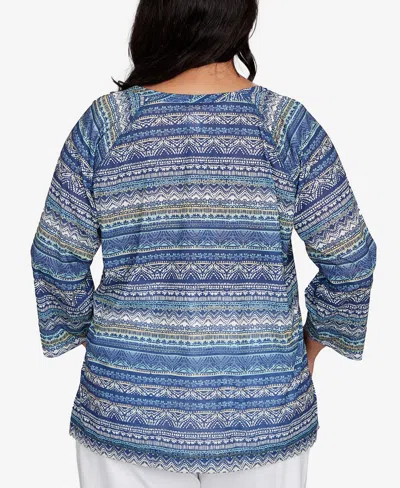 Hearts Of Palm Plus Size Printed Tulip Hem Slub Top In Multi