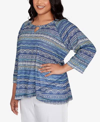 Hearts Of Palm Plus Size Printed Tulip Hem Slub Top In Multi