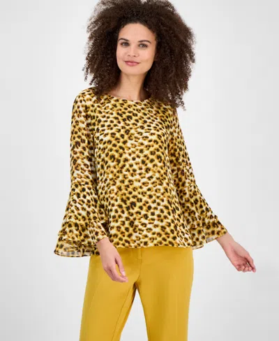 Kasper Tiered Ruffle Bell Sleeve Chiffon Top In Yellow