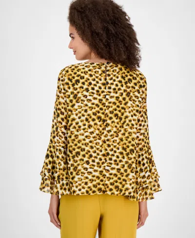 Kasper Tiered Ruffle Bell Sleeve Chiffon Top In Yellow