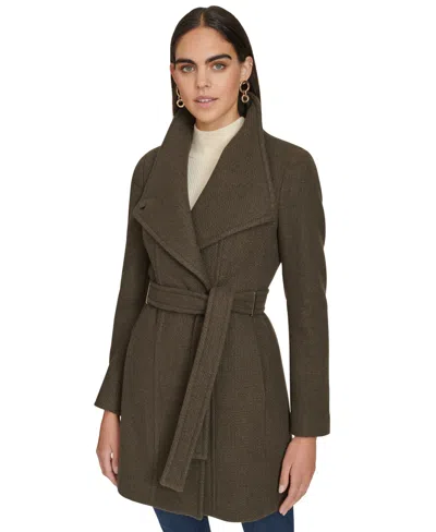 Calvin Klein Womens Asymmetrical Belted Wrap Coat, Created For Macys In Brown