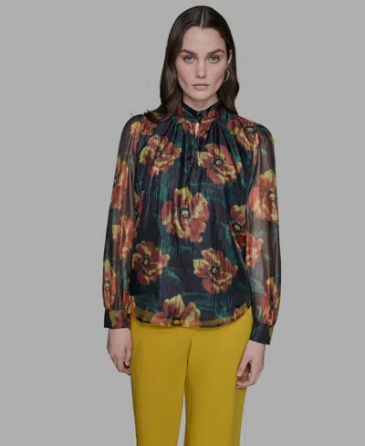 Karl Lagerfeld Women's Floral-print Mock-neck Blouse Top In Black