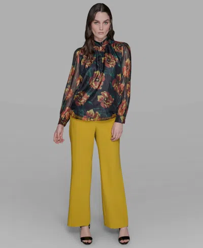 Karl Lagerfeld Women's Floral-print Mock-neck Blouse Top In Black