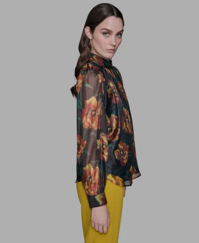 Karl Lagerfeld Women's Floral-print Mock-neck Blouse Top In Black