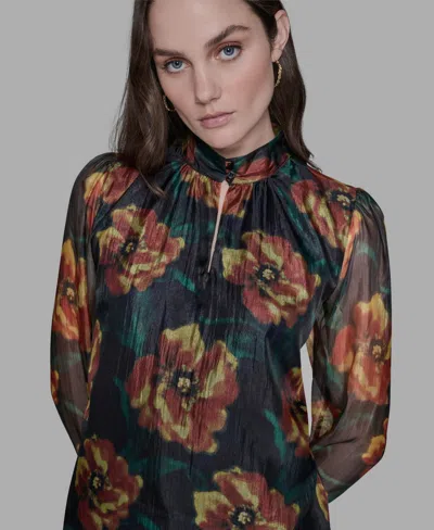 Karl Lagerfeld Women's Floral-print Mock-neck Blouse Top In Black