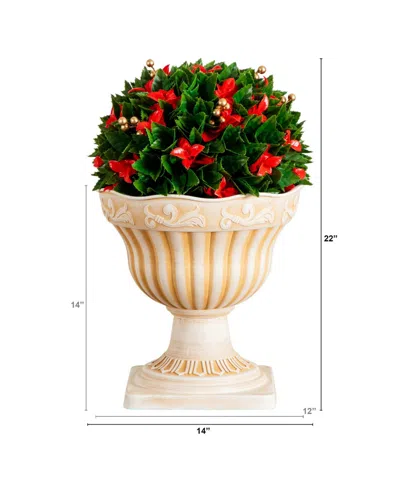 Nearly Natural 22" Uv Resistant Artificial Christmas Ball In Classic Decorative Planter Indoor And Outdoor In Neutral
