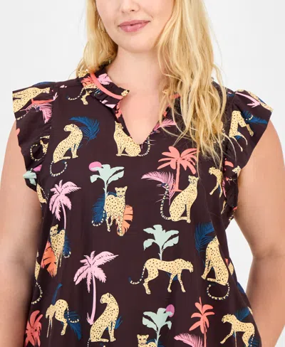 Democracy Trendy Plus Printed Split-neck Flutter-sleeve Top In Multi