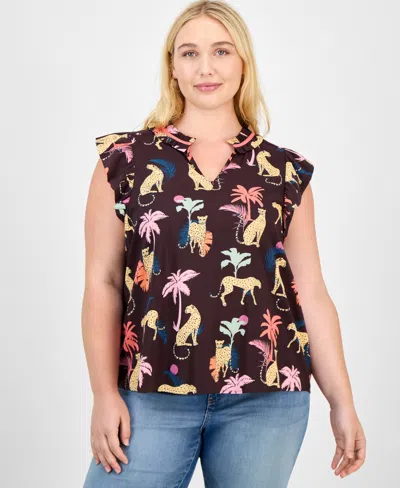 Democracy Trendy Plus Printed Split-neck Flutter-sleeve Top In Multi