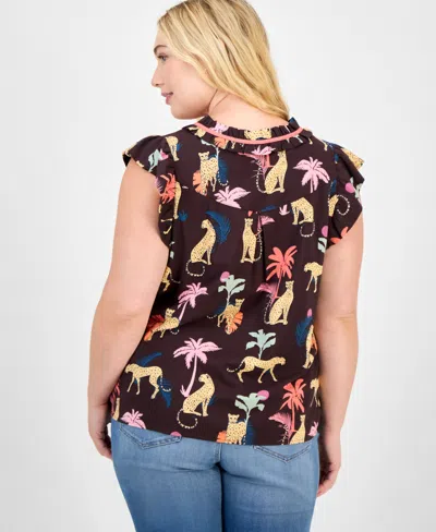 Democracy Trendy Plus Printed Split-neck Flutter-sleeve Top In Multi