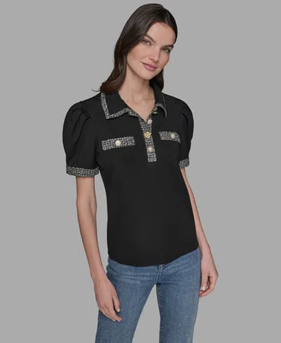 Karl Lagerfeld Women's Short Sleeve Tweed Trim Knit Top In Black
