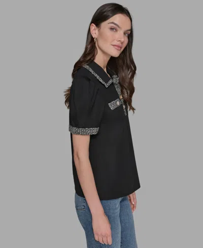 Karl Lagerfeld Women's Short Sleeve Tweed Trim Knit Top In Black