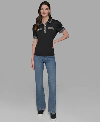 Karl Lagerfeld Women's Short Sleeve Tweed Trim Knit Top In Black