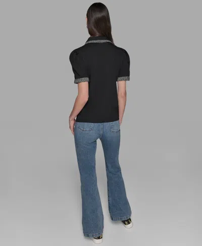 Karl Lagerfeld Women's Short Sleeve Tweed Trim Knit Top In Black