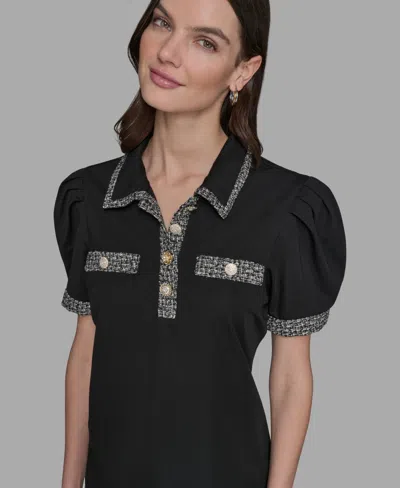 Karl Lagerfeld Women's Short Sleeve Tweed Trim Knit Top In Black